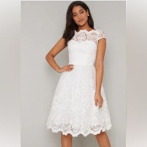 Chi Chi London Baroque Cap Sleeve lace dress, white